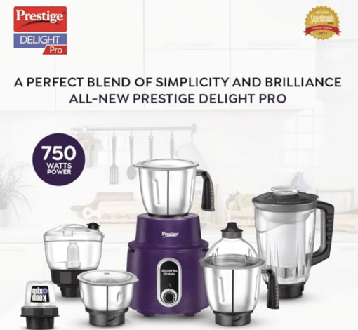 Prestige Delight Pro Mixer Grinder 750 W, 6 Jars, (1500 ml, 1000 ml, 1500 ml, 450 ml) (Purple) - Image 3